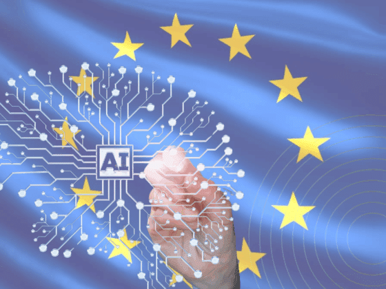 Illustration d’une main dessinant un circuit en forme de cerveau avec l’inscription « AI » au centre, sur fond de drapeau de l’Union européenne, symbolisant la régulation européenne de l’intelligence artificielle. Logo « dcod » en bas à droite.