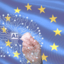 Illustration d’une main dessinant un circuit en forme de cerveau avec l’inscription « AI » au centre, sur fond de drapeau de l’Union européenne, symbolisant la régulation européenne de l’intelligence artificielle. Logo « dcod » en bas à droite.