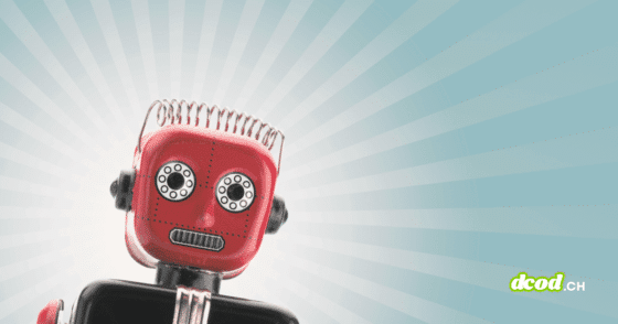 Petit robot rouge au style vintage, incliné vers la gauche, sur fond bleu clair avec des rayons lumineux stylisés.