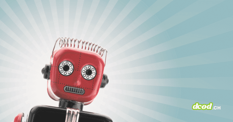 Petit robot rouge au style vintage, incliné vers la gauche, sur fond bleu clair avec des rayons lumineux stylisés.