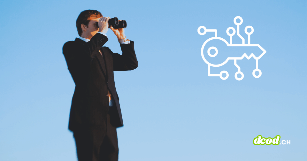 Un homme en costume observe l’horizon avec des jumelles, tandis qu’une icône de clé numérique symbolise la cybersécurité sur fond de ciel bleu.