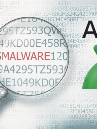 Loupe révélant le mot malware parmi des lignes de code, accompagnée du logo Android sur un fond de caractères chiffrés.