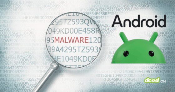 Loupe révélant le mot malware parmi des lignes de code, accompagnée du logo Android sur un fond de caractères chiffrés.