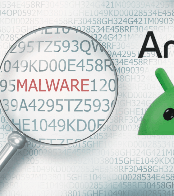Loupe révélant le mot malware parmi des lignes de code, accompagnée du logo Android sur un fond de caractères chiffrés.