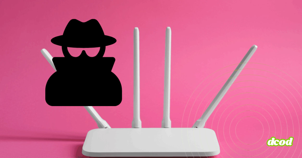Un routeur blanc à antennes sur fond rose avec une silhouette noire de hacker symbolisant un détournement potentiel du réseau.