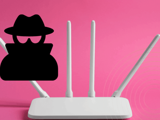 Un routeur blanc à antennes sur fond rose avec une silhouette noire de hacker symbolisant un détournement potentiel du réseau.