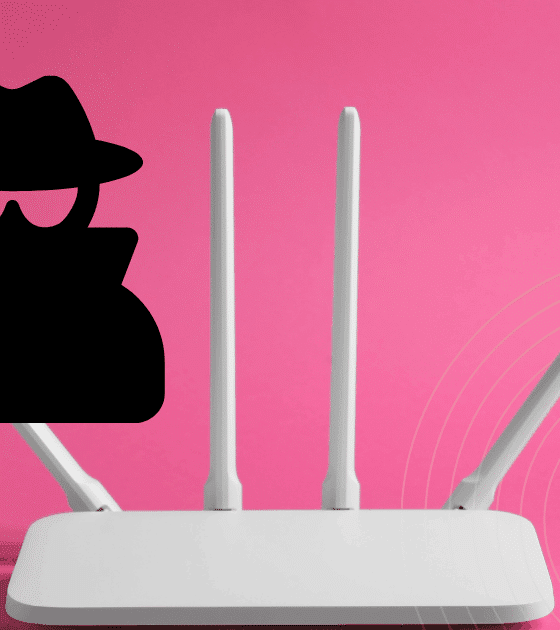 Un routeur blanc à antennes sur fond rose avec une silhouette noire de hacker symbolisant un détournement potentiel du réseau.