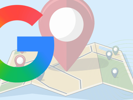 Une grande épingle de géolocalisation posée sur une carte illustrée, dominée par le logo coloré de Google au premier plan.