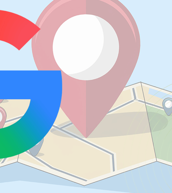 Une grande épingle de géolocalisation posée sur une carte illustrée, dominée par le logo coloré de Google au premier plan.