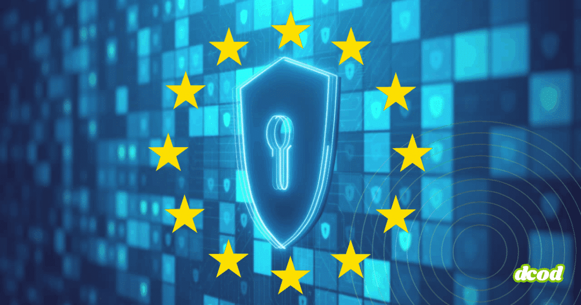 Un bouclier numérique avec un trou de serrure entouré des étoiles de l’Union européenne sur un fond de grille cyber.