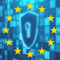 Un bouclier numérique avec un trou de serrure entouré des étoiles de l’Union européenne sur un fond de grille cyber.