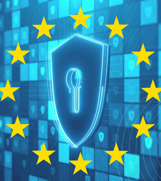 Un bouclier numérique avec un trou de serrure entouré des étoiles de l’Union européenne sur un fond de grille cyber.