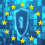 Un bouclier numérique avec un trou de serrure entouré des étoiles de l’Union européenne sur un fond de grille cyber.