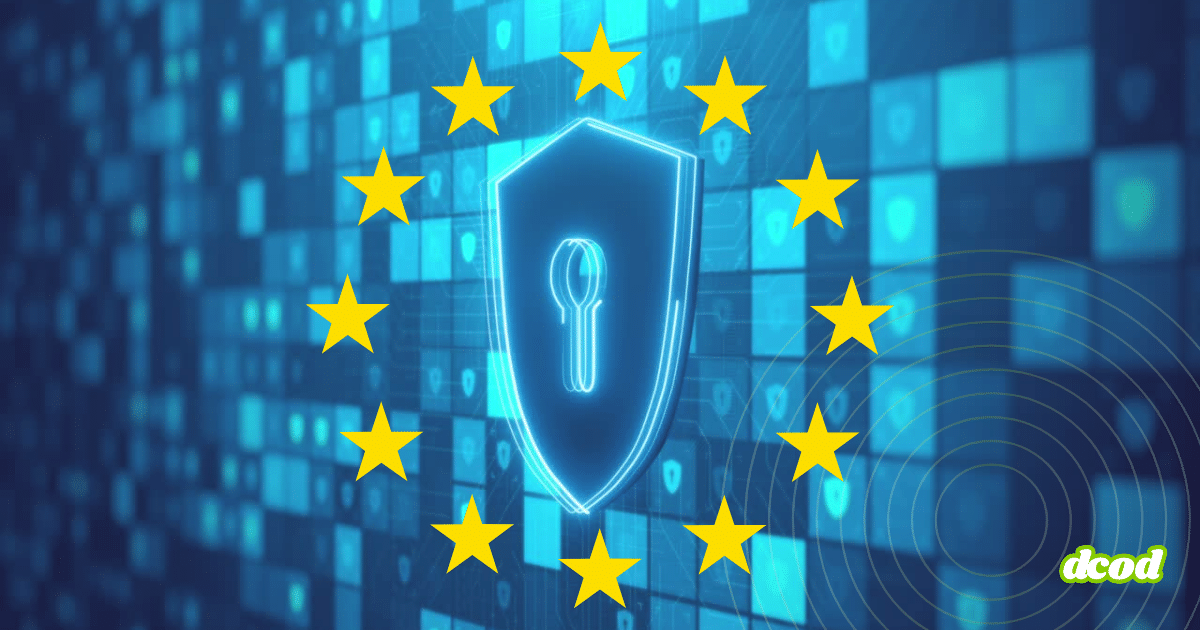 Un bouclier numérique avec un trou de serrure entouré des étoiles de l’Union européenne sur un fond de grille cyber.