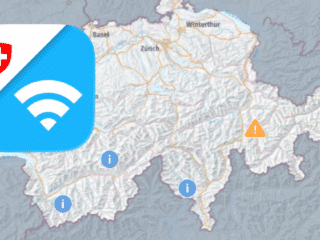 Carte de la Suisse affichant une icône de connectivité officielle et plusieurs symboles d’information et d’alerte répartis sur le territoire.