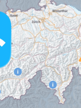 Carte de la Suisse affichant une icône de connectivité officielle et plusieurs symboles d’information et d’alerte répartis sur le territoire.