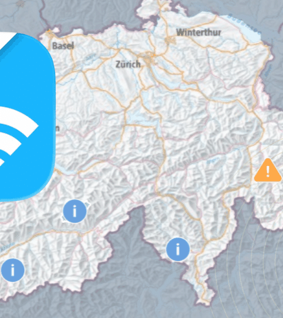Carte de la Suisse affichant une icône de connectivité officielle et plusieurs symboles d’information et d’alerte répartis sur le territoire.