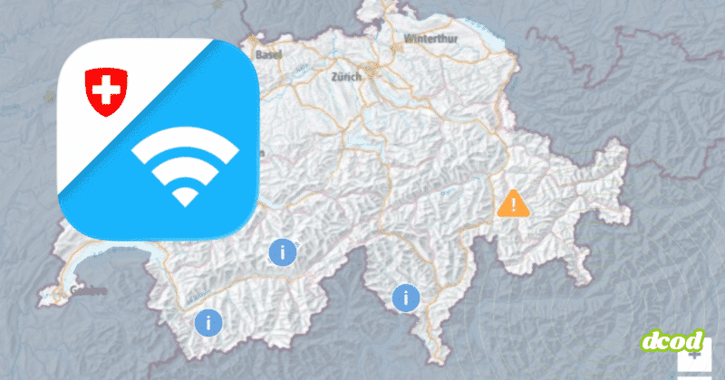 Carte de la Suisse affichant une icône de connectivité officielle et plusieurs symboles d’information et d’alerte répartis sur le territoire.
