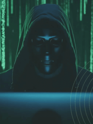 Personne encapuchonnée portant un masque sombre face à un écran, entourée de lignes de code vertes et d’un logo clair de Logitech à gauche