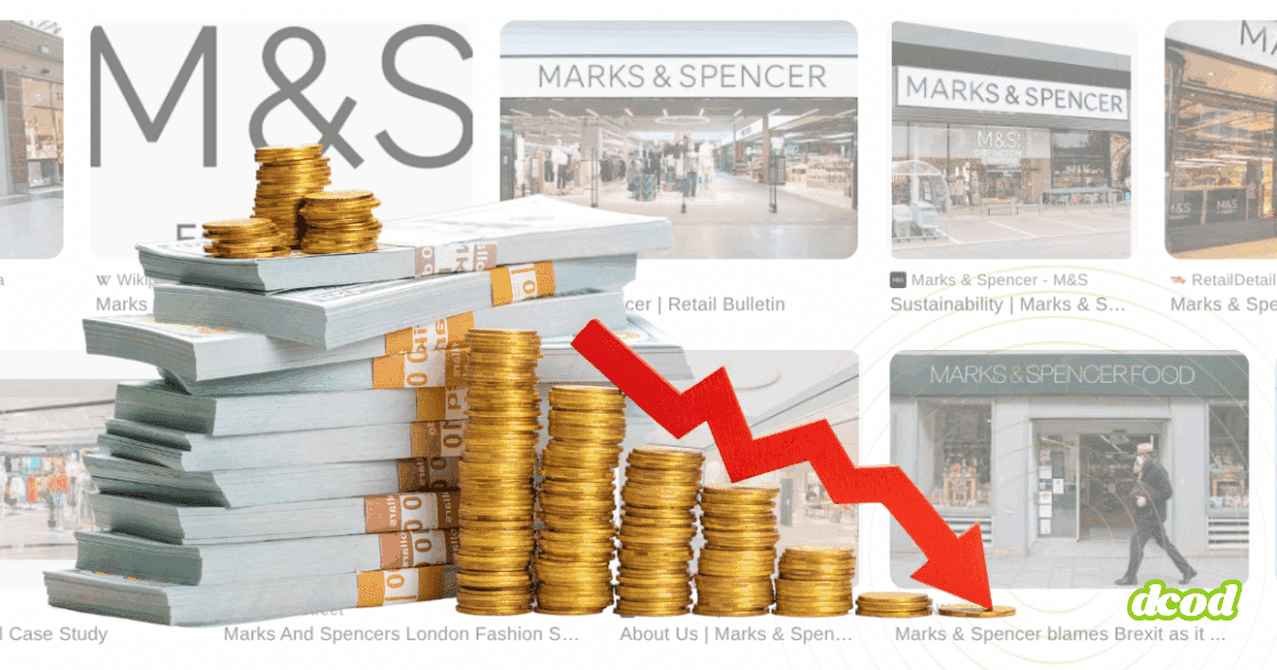 Piles de billets et colonnes de pièces devant des images de magasins M&S, accompagnées d’une flèche rouge indiquant une baisse financière.