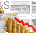 Piles de billets et colonnes de pièces devant des images de magasins M&S, accompagnées d’une flèche rouge indiquant une baisse financière.