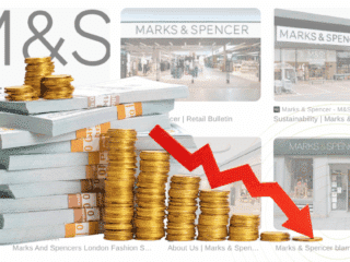 Piles de billets et colonnes de pièces devant des images de magasins M&S, accompagnées d’une flèche rouge indiquant une baisse financière.