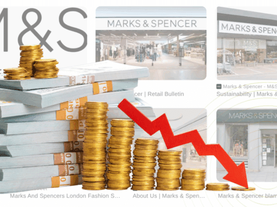 Piles de billets et colonnes de pièces devant des images de magasins M&S, accompagnées d’une flèche rouge indiquant une baisse financière.