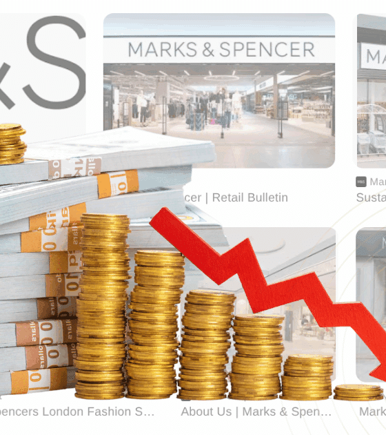 Piles de billets et colonnes de pièces devant des images de magasins M&S, accompagnées d’une flèche rouge indiquant une baisse financière.