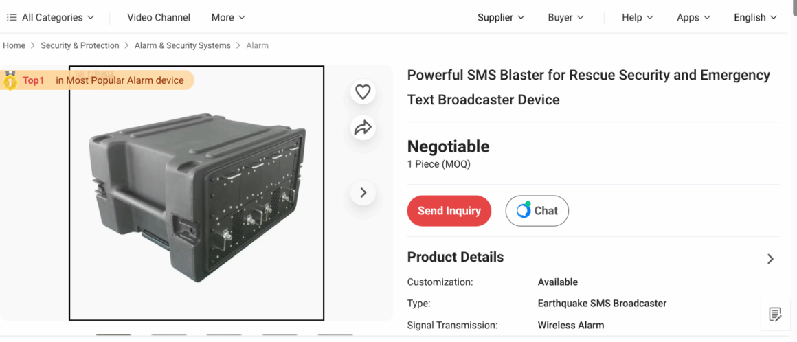 SMS‑blasters : comment ces dispositifs alimentent le smishing moderne 7 Un exemple de système "SMS Blaster" en vente sur Internet avec pour celui-ci un objectif de transmission de SMS en cas de catastrophe et d'infrastructure télécom hors-service.