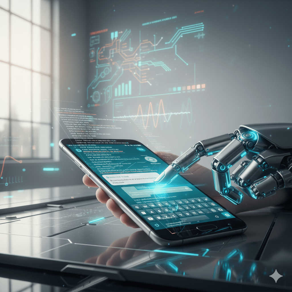 Herodotus : le malware Android qui imite la frappe humaine pour tromper la détection 6 Robot tapant sur un smartphone Android, illustrant un malware imitant la frappe humaine pour contourner la détection.