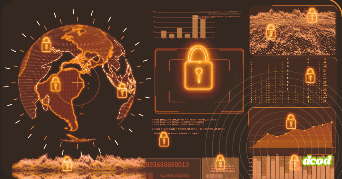 Globe stylisé et panneaux de données affichant plusieurs cadenas lumineux évoquant la protection des réseaux et la sécurisation globale
