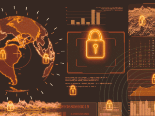 Globe stylisé et panneaux de données affichant plusieurs cadenas lumineux évoquant la protection des réseaux et la sécurisation globale