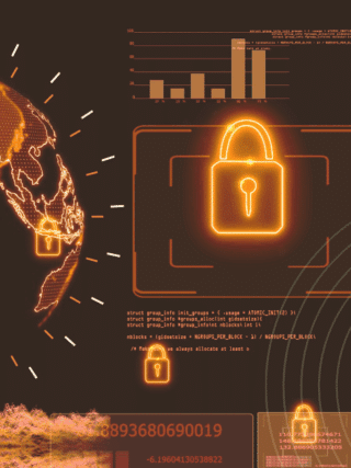 Globe stylisé et panneaux de données affichant plusieurs cadenas lumineux évoquant la protection des réseaux et la sécurisation globale