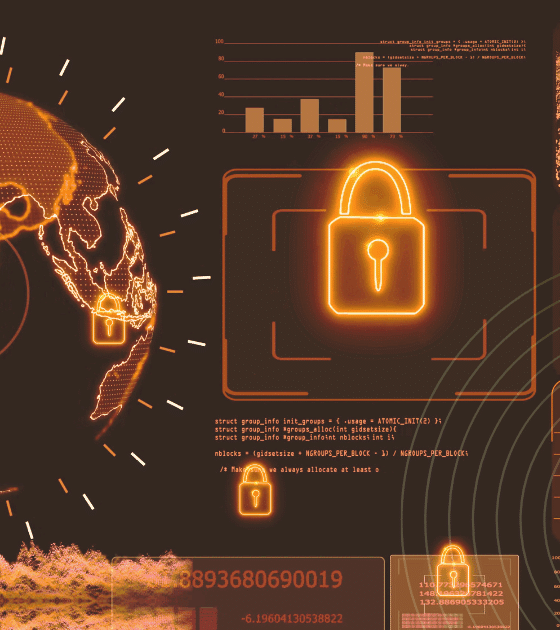 Globe stylisé et panneaux de données affichant plusieurs cadenas lumineux évoquant la protection des réseaux et la sécurisation globale