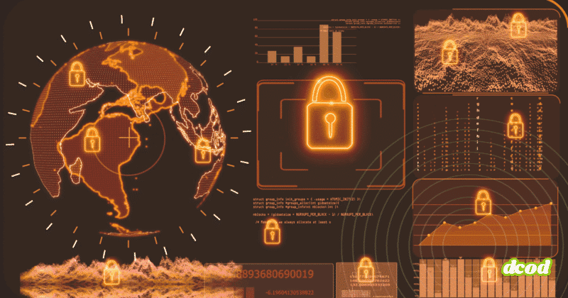 Globe stylisé et panneaux de données affichant plusieurs cadenas lumineux évoquant la protection des réseaux et la sécurisation globale