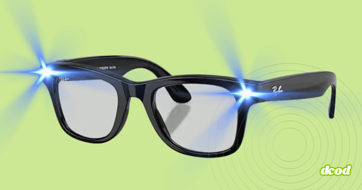 Paire de lunettes noires au style classique projetant des faisceaux lumineux bleus depuis les coins supérieurs, sur fond vert clair, évoquant une technologie avancée ou un effet visuel humoristique.