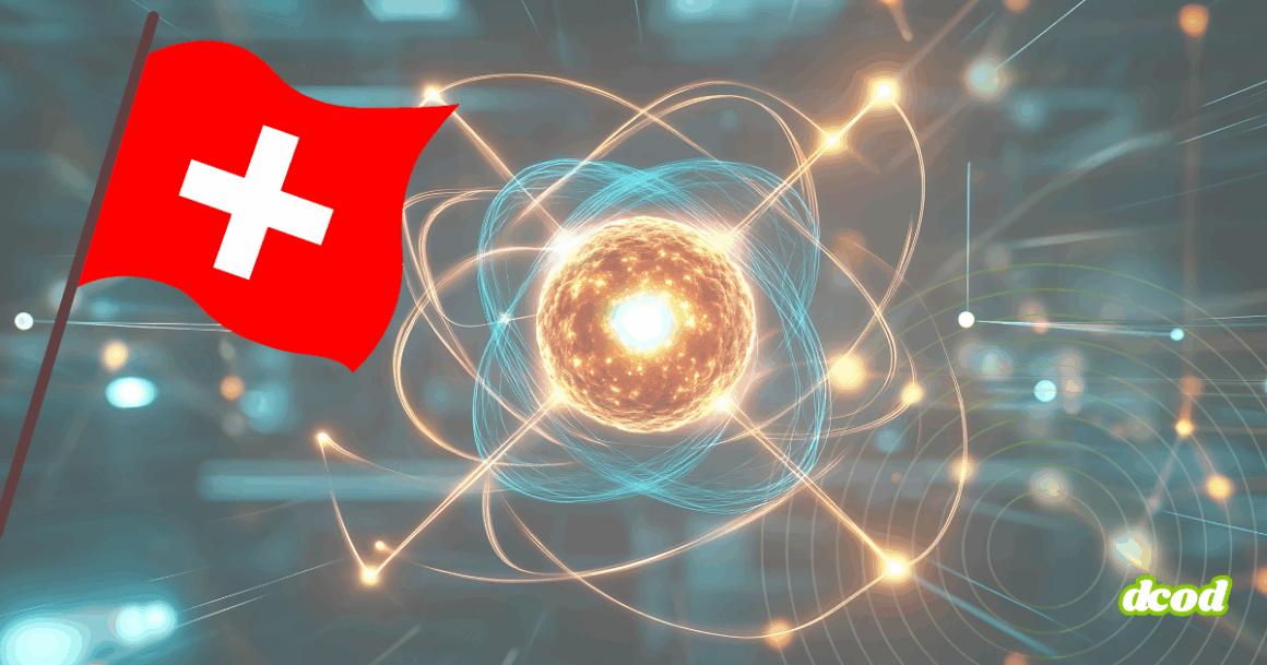 Drapeau suisse à côté d’une représentation lumineuse d’un atome stylisé, symbolisant l’avancée du pays en technologies quantiques.