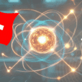 Drapeau suisse à côté d’une représentation lumineuse d’un atome stylisé, symbolisant l’avancée du pays en technologies quantiques.