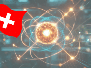Drapeau suisse à côté d’une représentation lumineuse d’un atome stylisé, symbolisant l’avancée du pays en technologies quantiques.
