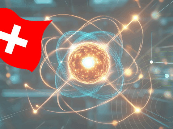 Drapeau suisse à côté d’une représentation lumineuse d’un atome stylisé, symbolisant l’avancée du pays en technologies quantiques.