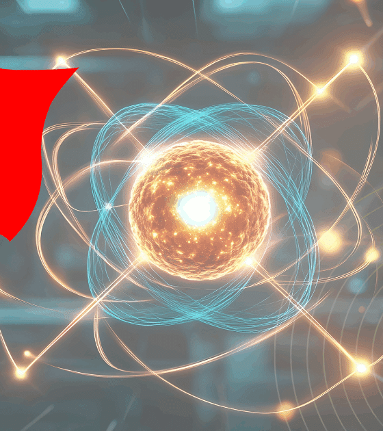 Drapeau suisse à côté d’une représentation lumineuse d’un atome stylisé, symbolisant l’avancée du pays en technologies quantiques.