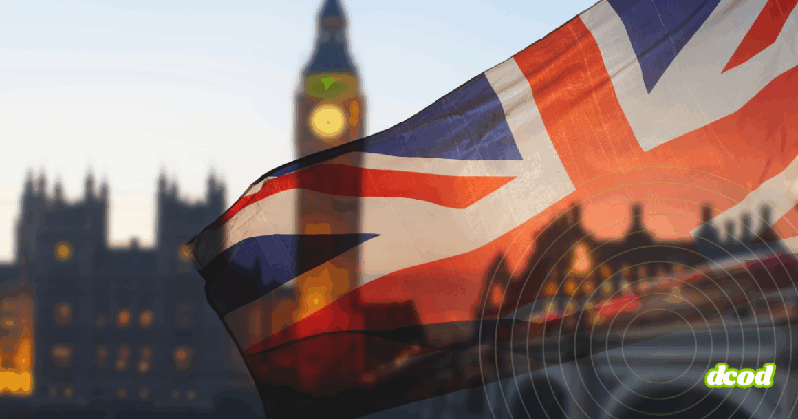 Le drapeau du Royaume-Uni flotte au premier plan avec Big Ben flouté derrière et des cercles numériques superposés.