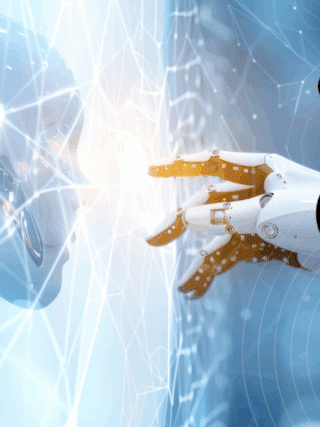 Un robot humanoïde touche une interface lumineuse face à une main robotique, avec des réseaux neuronaux stylisés et le logo OpenAI.