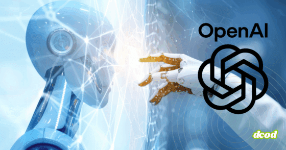 Un robot humanoïde touche une interface lumineuse face à une main robotique, avec des réseaux neuronaux stylisés et le logo OpenAI.