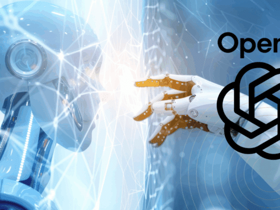 Un robot humanoïde touche une interface lumineuse face à une main robotique, avec des réseaux neuronaux stylisés et le logo OpenAI.