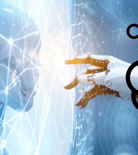 Un robot humanoïde touche une interface lumineuse face à une main robotique, avec des réseaux neuronaux stylisés et le logo OpenAI.