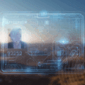 Une carte d’identité holographique flottant dans un paysage, affichant le portrait d’une personne et des schémas numériques complexes.