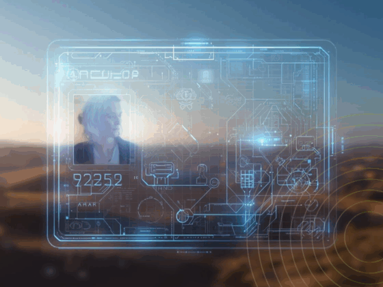 Une carte d’identité holographique flottant dans un paysage, affichant le portrait d’une personne et des schémas numériques complexes.