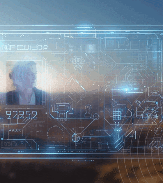 Une carte d’identité holographique flottant dans un paysage, affichant le portrait d’une personne et des schémas numériques complexes.