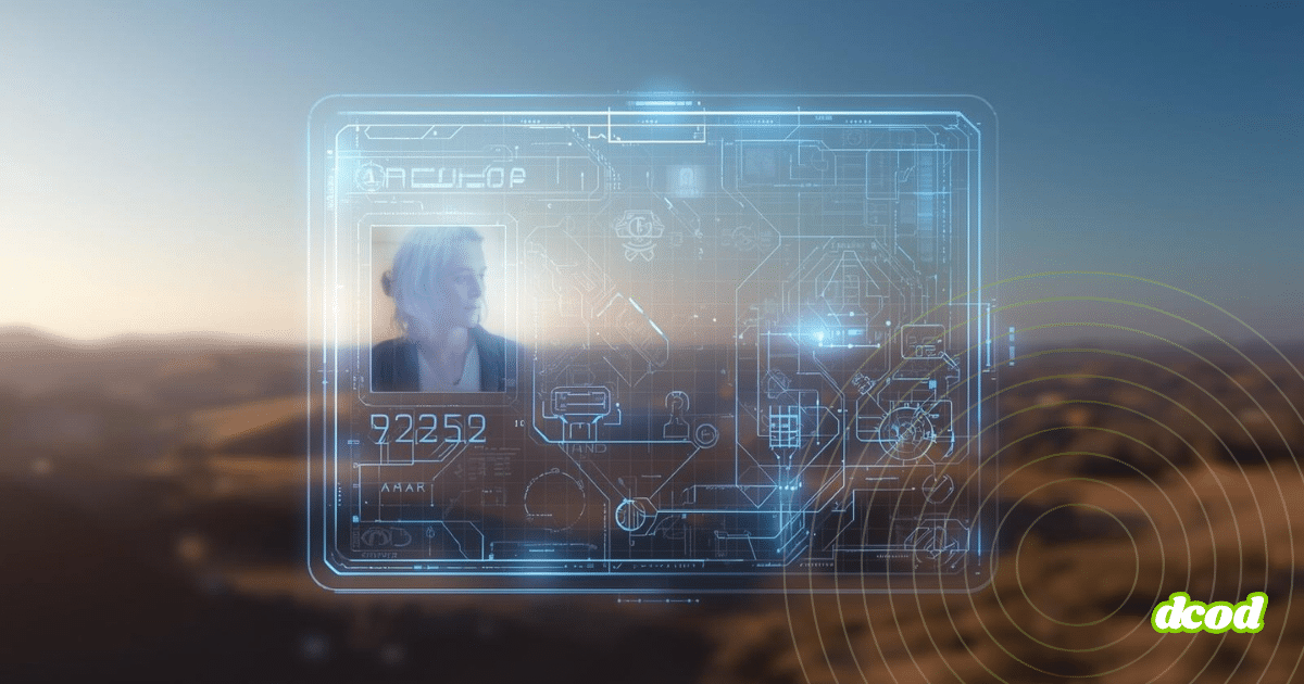 Une carte d’identité holographique flottant dans un paysage, affichant le portrait d’une personne et des schémas numériques complexes.
